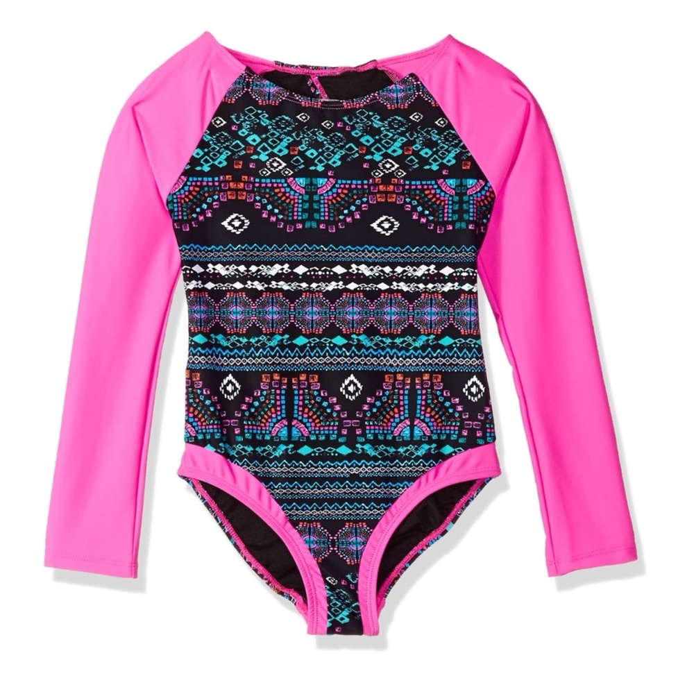 Jessica Simpson Black Hot Pink Aztec Print Long Sleeve Rashguard 1 Piece Sz 12*